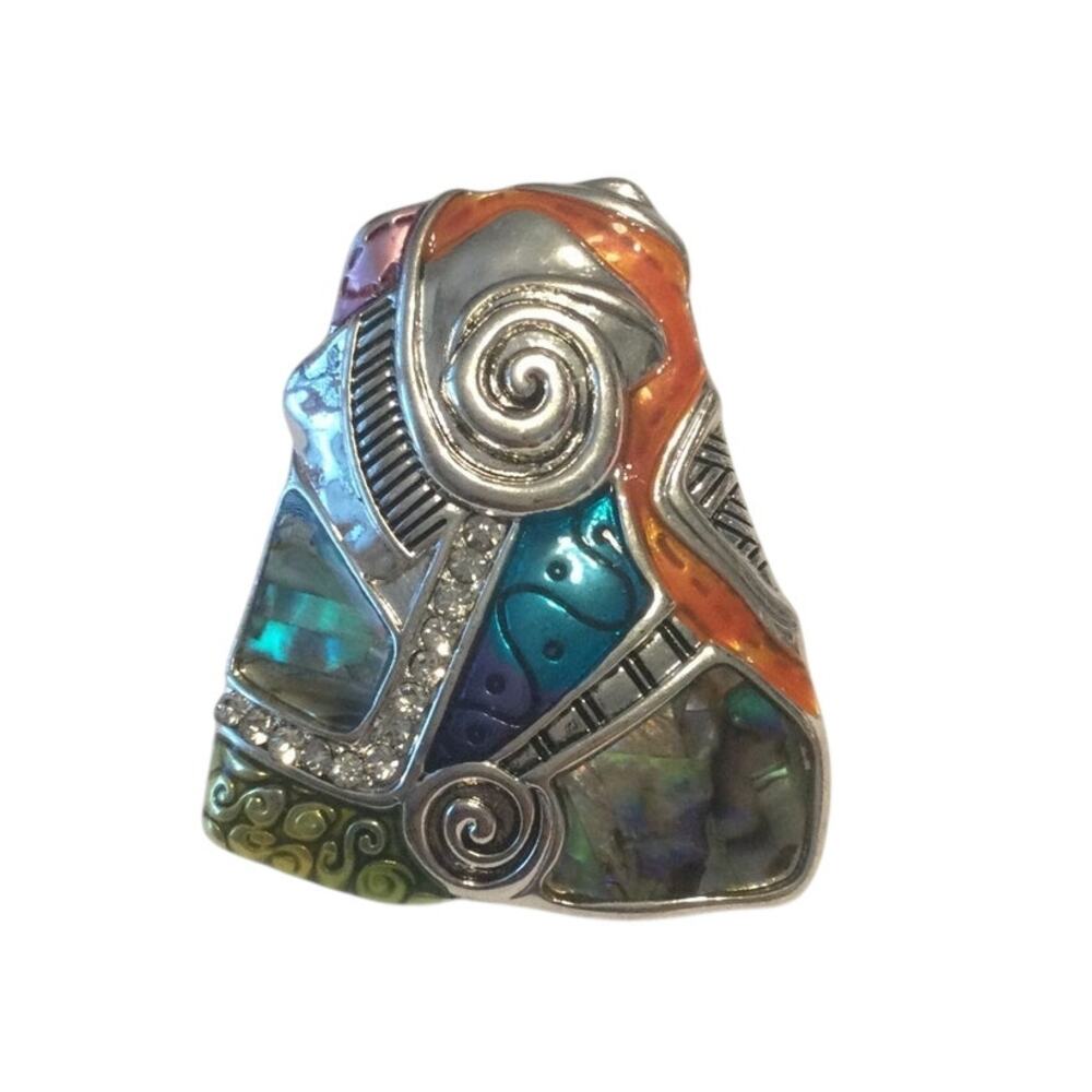 Metal Scarf Holder Patchwork Stone Faux Diamond Indie Boho Silver Teal 90s 2"